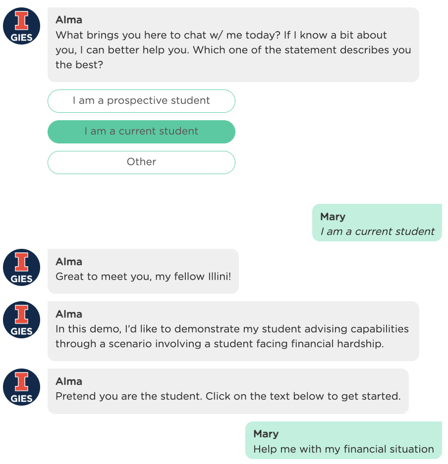 cognitive AI chatbot advising student on financial situation