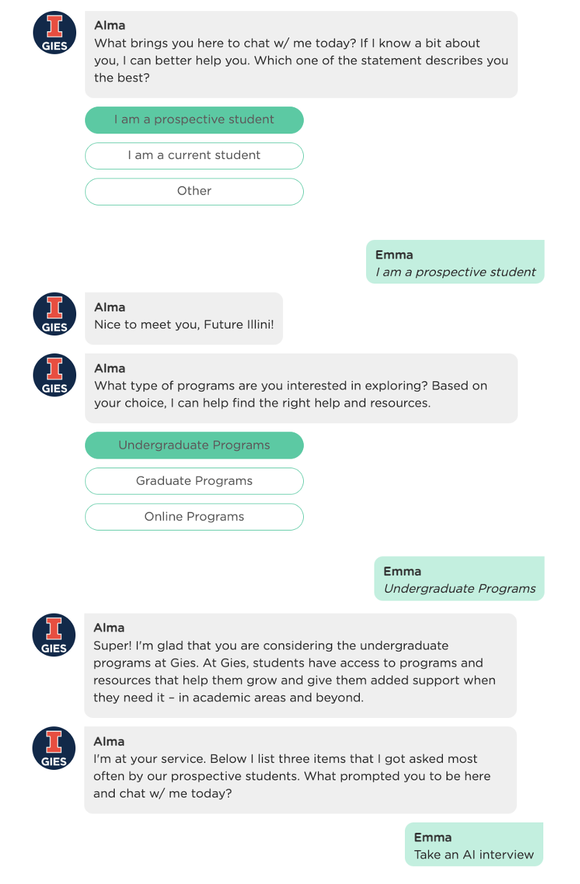 cognitive AI chatbot interviewing student to assess their fit and help pre-screening