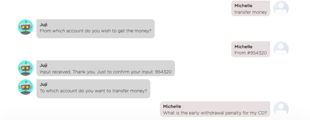 A bank website chatbot answering a user question during account management