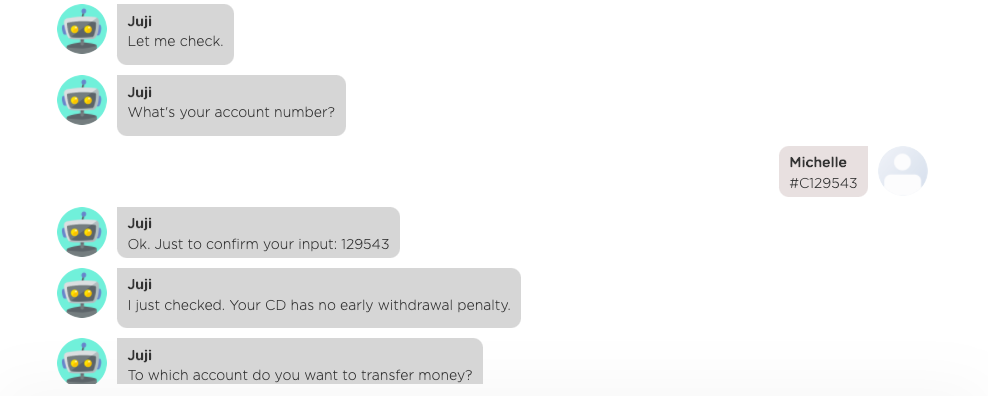 A bank website chatbot answering a user question during account management