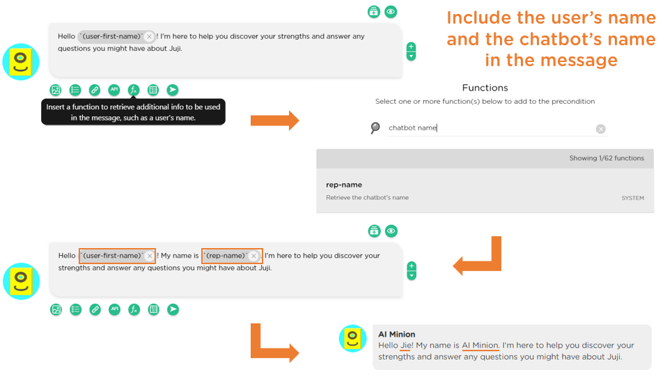 Include the user's name and the chatbot's name in the message
