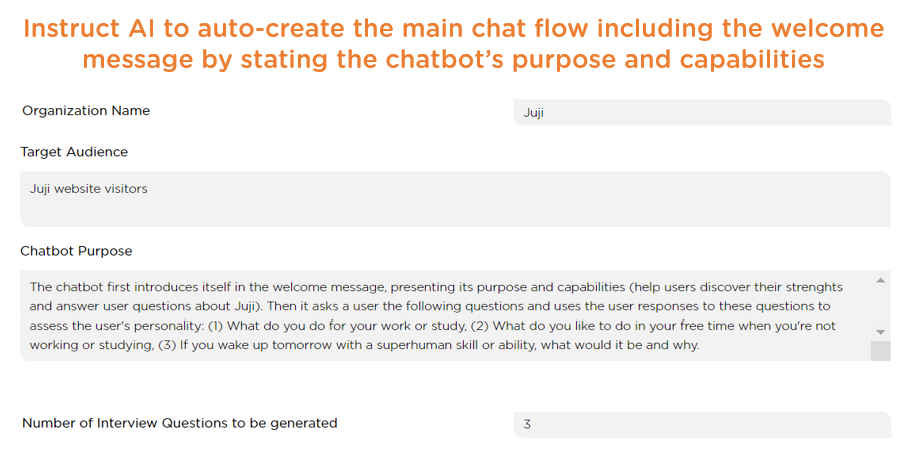 Instruct AI to auto-create the main chat flow including the welcome message by stating the chatbot's purpose and capabilities