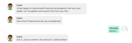 An AI chatbot asks a student what kind of financial aid she needs and then makes suitable recommendations