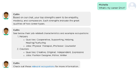 A conversational chatbot (cognitive AI assistant) infers a user's unique characteristics from a conversation and provides personalized information based on the inferred characteristics.