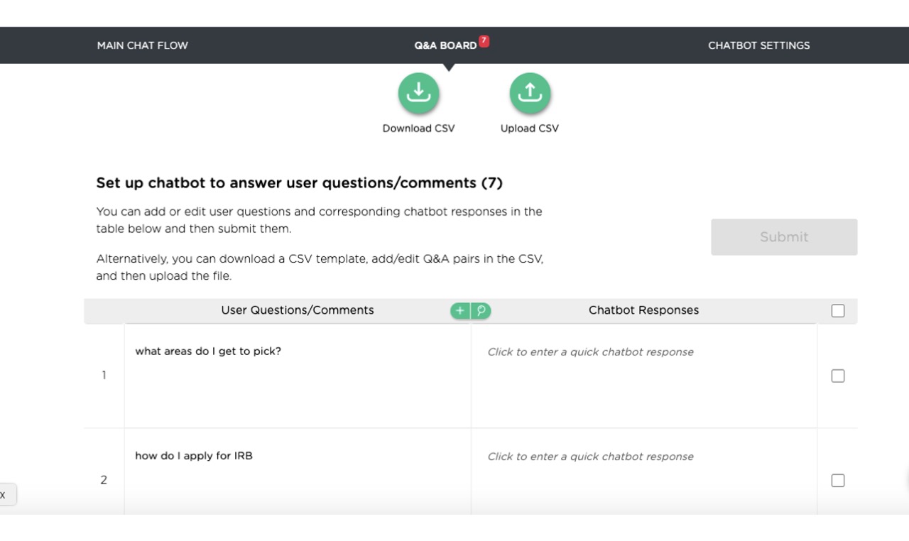 Defining chatbot Q&A list by uploading a CSV file or entering Q&A pairs in an online table