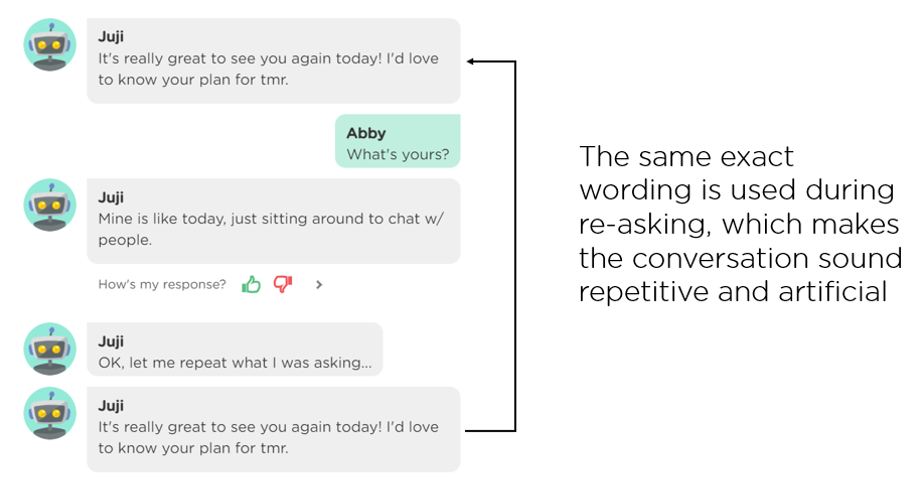 A conversation where an AI agent must repeat its question when the user didn't answer the question