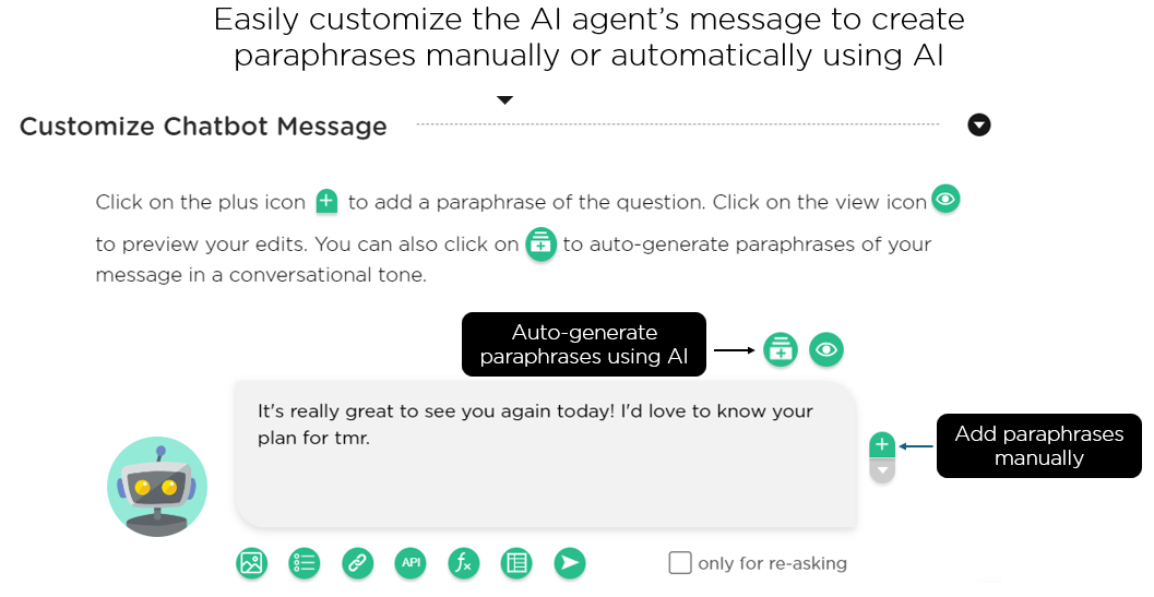 Use Juji Studio to customize an AI agent’s message, including paraphrasing a question either manually or automatically using generative AI