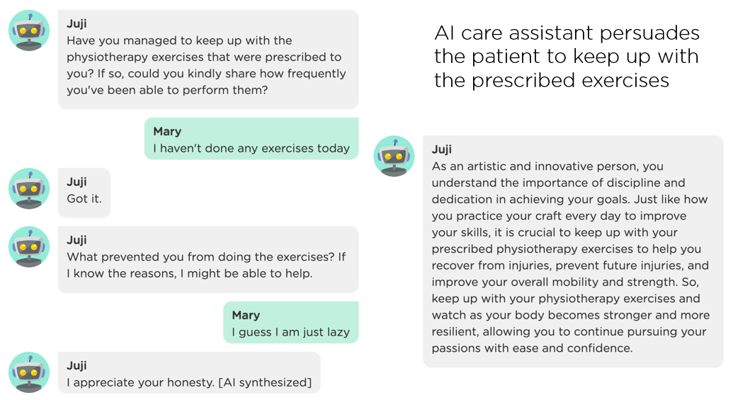 AI care assistant persuates the patient to keep up with the prescribed exercises