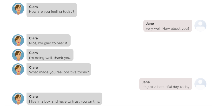 A chat between a chatbot and a user where a chatbot asks how the user is feeling.