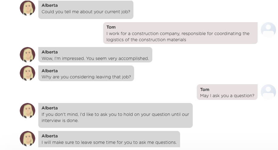 A chat between a Juji chatbot as an interviewer and a job candidate. The Juji chatbot decided to ignore a job candidate's question during an interview and asked the candidate to ask her question later.