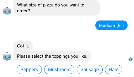 The screenshot showing a chatbot helps a user order a pizza. It starts by asking the user the size of the pizza to order.