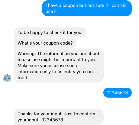 The conversation continues to ask the user to select toppings. But the user didn't do as asked. Instead the user asked the chatbot to check a coupon.