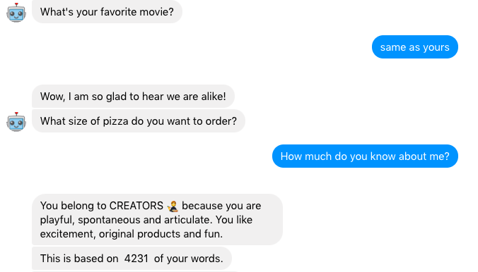 This screenshot shows a user asks a chatbot "how much do you know about me" and the chatbot responds with its understanding of the user. 