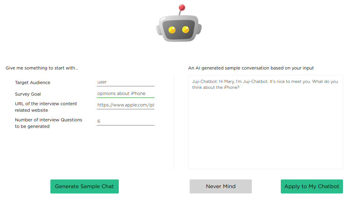 Example of generating interview chatbot using AI given specific interview context