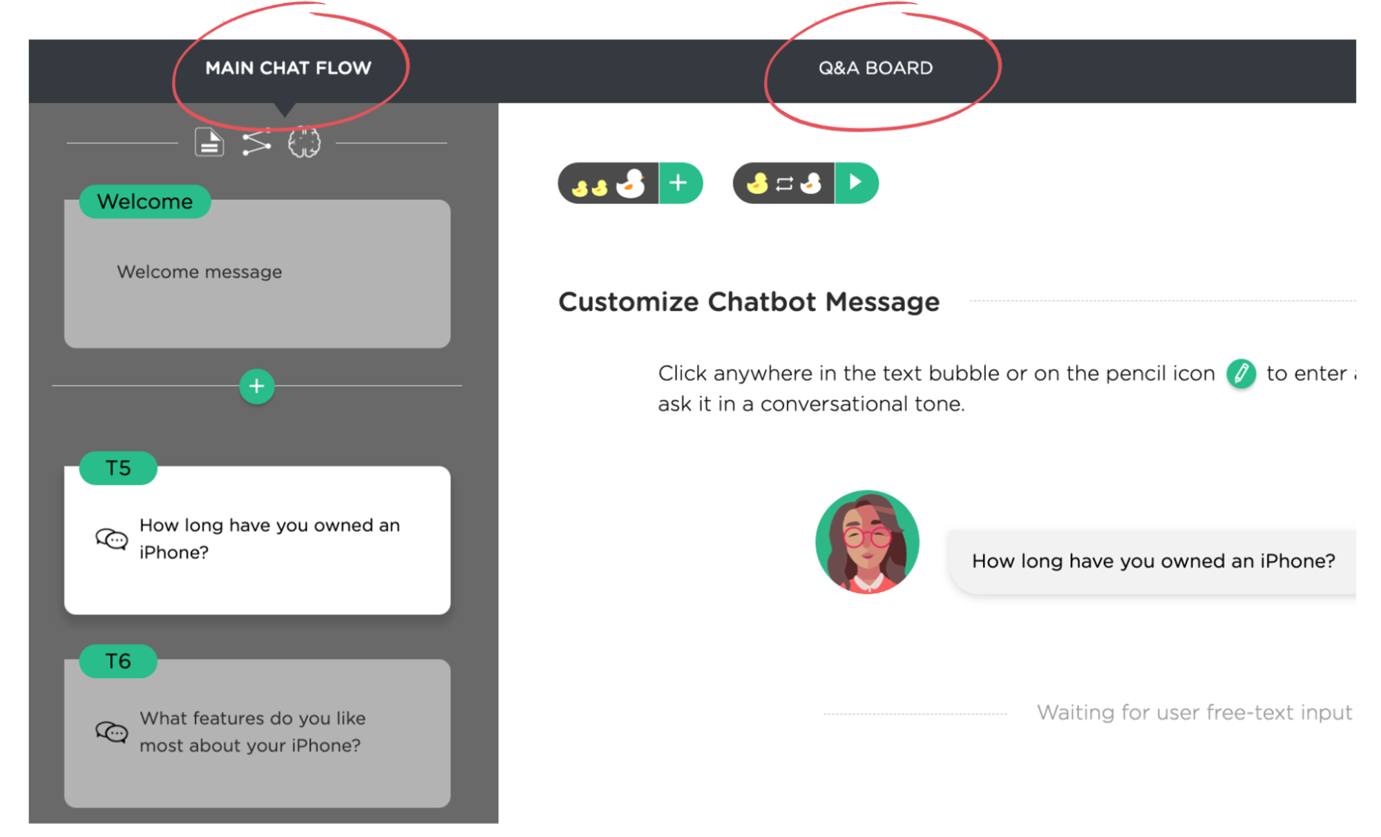Example Juji chatbot design page for customize both chat flow and Q&A