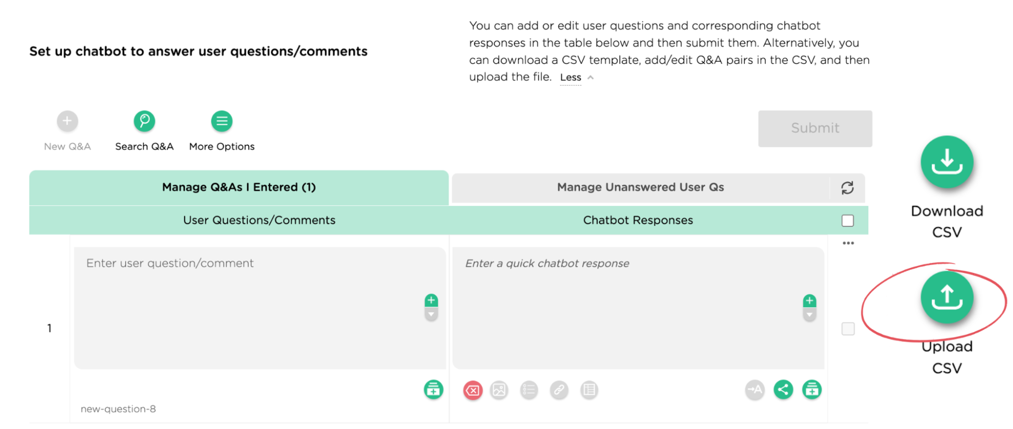 Upload proprietary Q&As in a CSV file for Chatbot Q&As