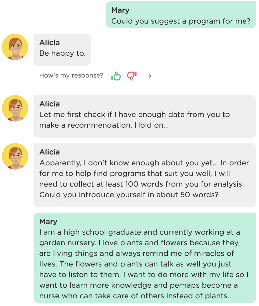 Example of nested multi-turn Q&A conversation by Juji chatbot Alicia
