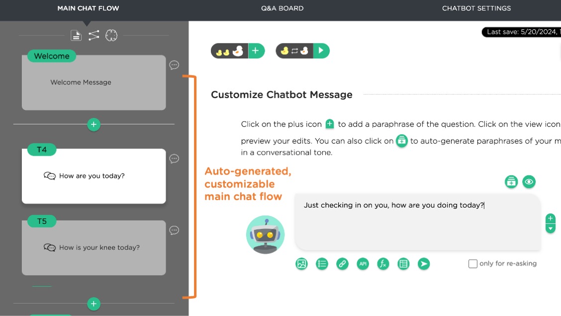 A graphical user interface displays the generated chatbot workflow.