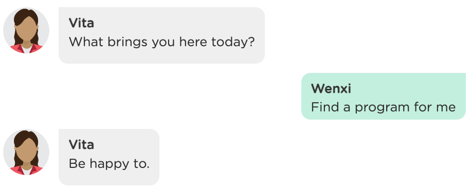 Example conversation between a chatbot and visitor about education programs (part 1)