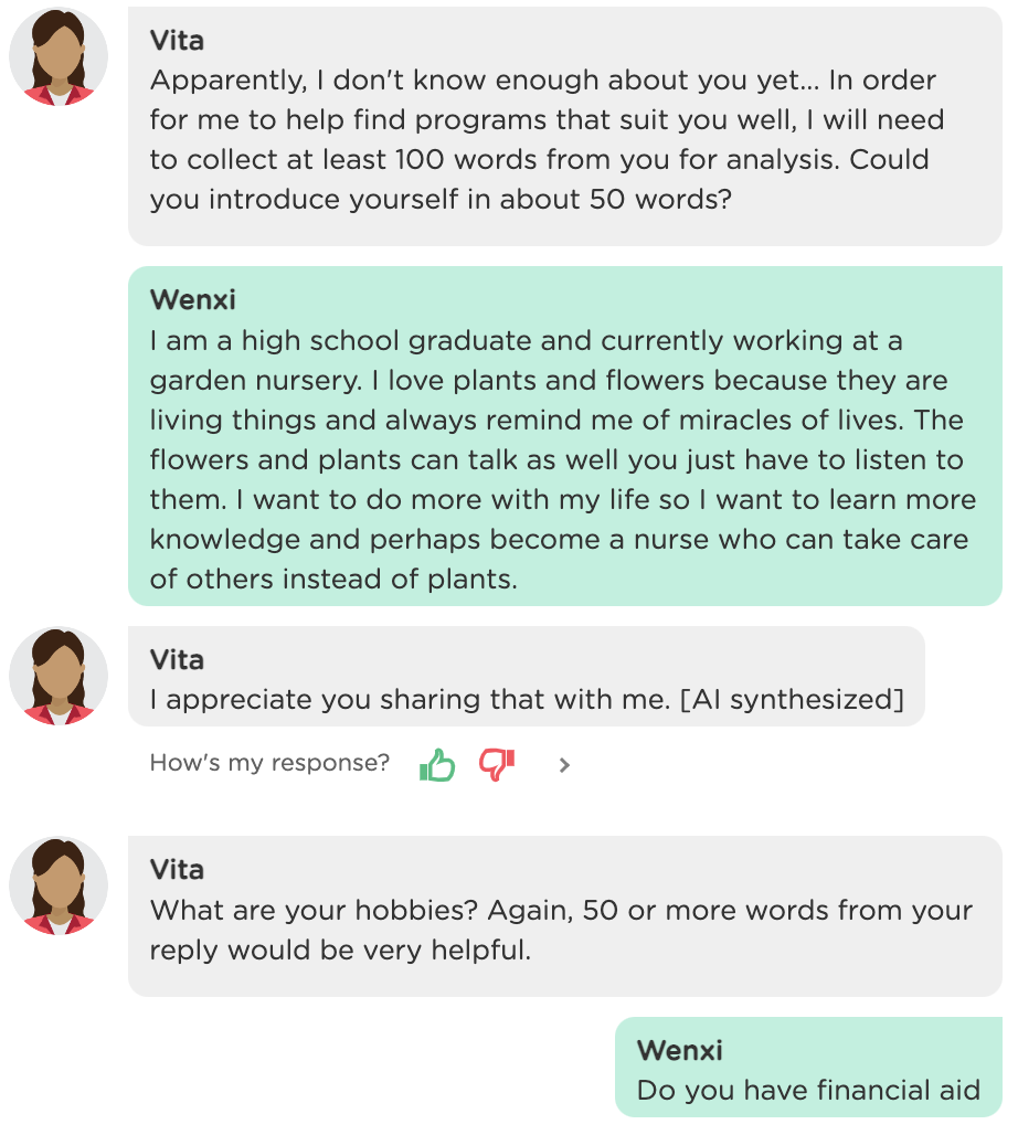 Example conversation between a chatbot and visitor about education programs (part 2)