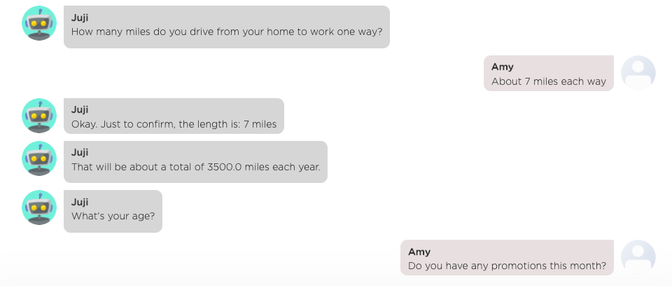 An insurance website chatbot answering a user's question during the task of giving an insurance quote