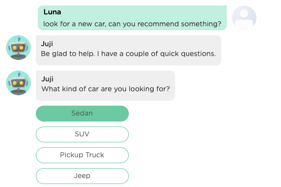 A chatbot elicits a customer's car preferences.