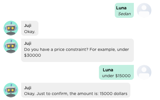 A chatbot elicits a car buyer's price constraint