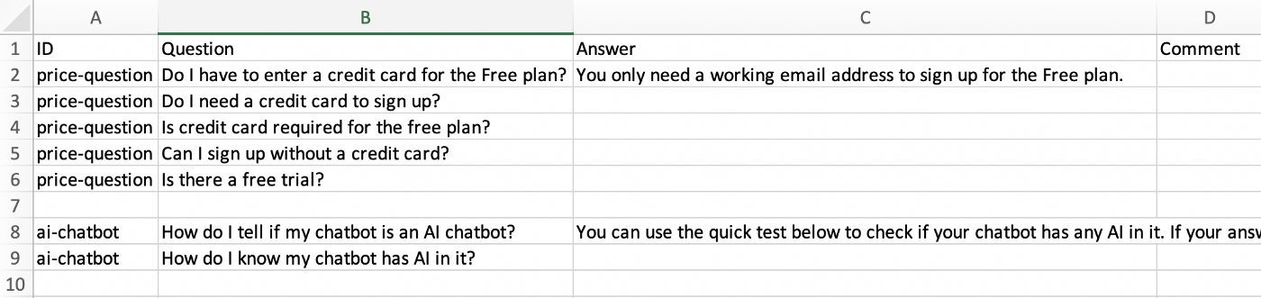 Sample Q&A csv content