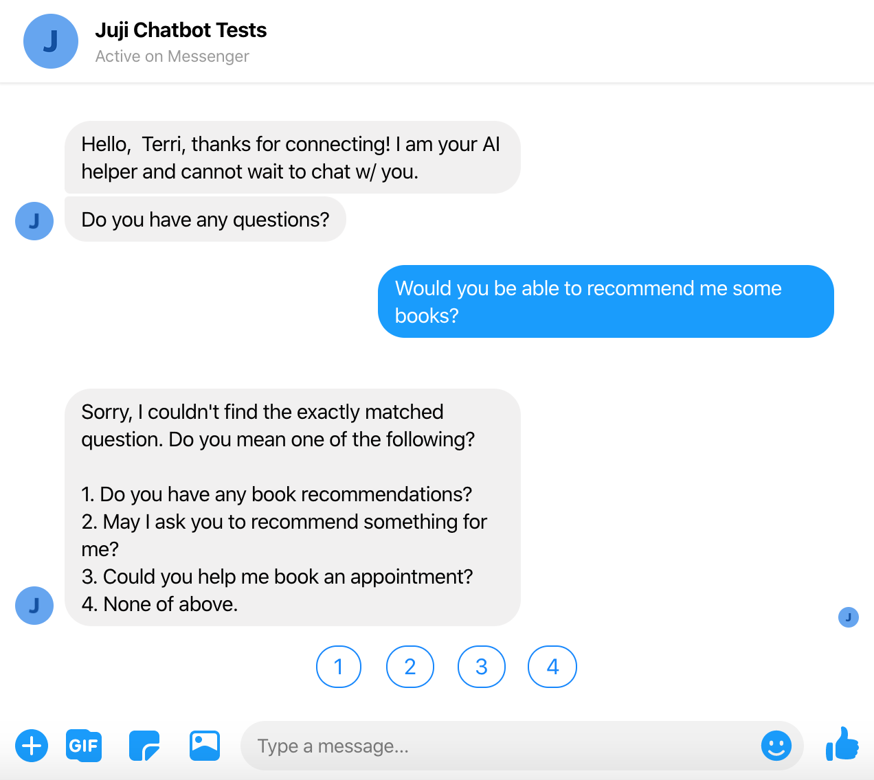 Chatbot recommends a list of questions based on a user's question for the user to choose from.
