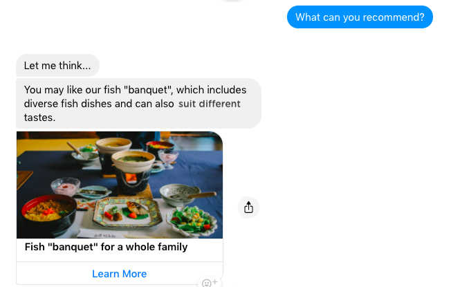 A chatbot recommends a fish banquet to a family-oriented customer who likes fish and down-to-earth food