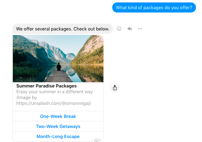 A travel chatbot answers a user's question about travel destinations on Facebook Messenger