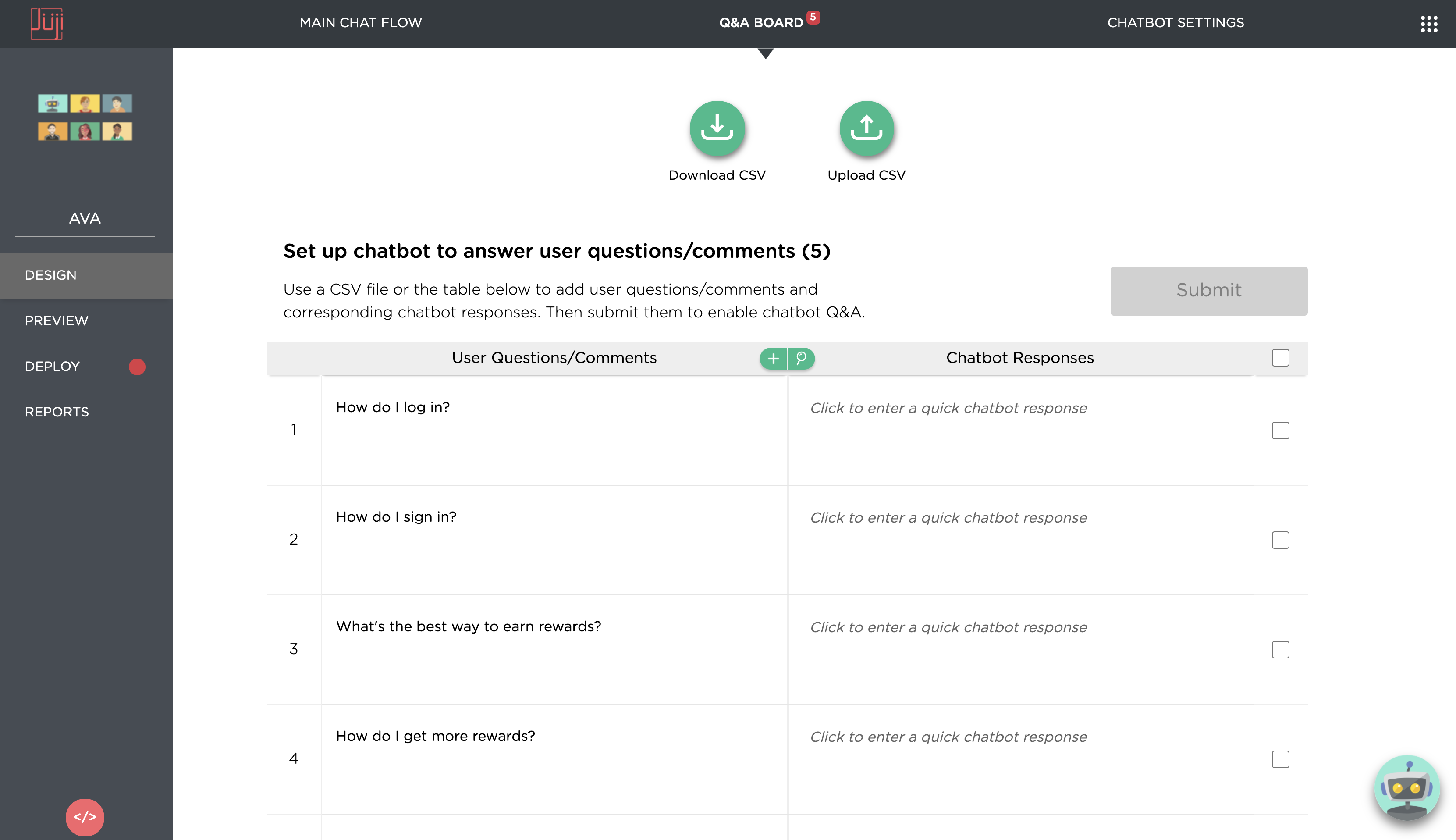 A real-time dashboard displaying a list of user questions that a chatbot cannot answer.