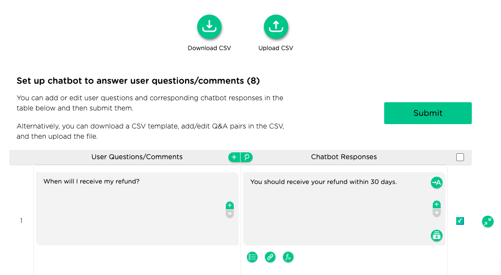 Juji's graphical user interface shows a question and answer pair entered in a table. A "Submit" button is highlighted as the Q&A pair is selected for submission.