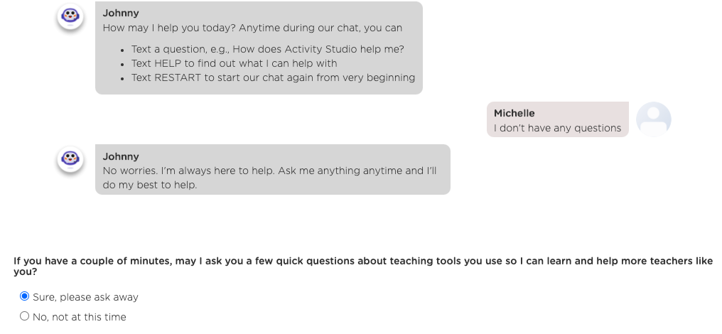 A chat shows that a customer service chatbot elicits information from a user.