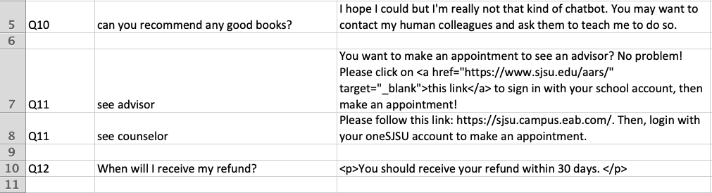 An example CSV file showing three columns. From left to right, column 1 lists IDs, column 2 lists questions, and column 3 lists answers to the corresponding questions.