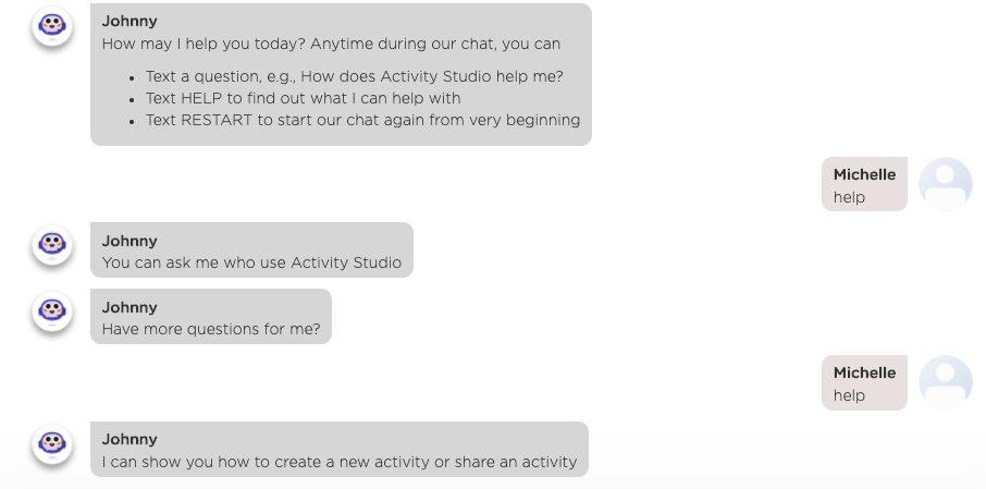 A chatbot conversation showing a user texts "help" twice, each time receives different help information.