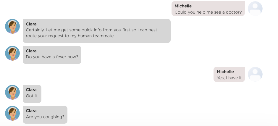 A chatbot conversation showing a user asks a question about seeing a doctor and the chatbot collects information from the user.