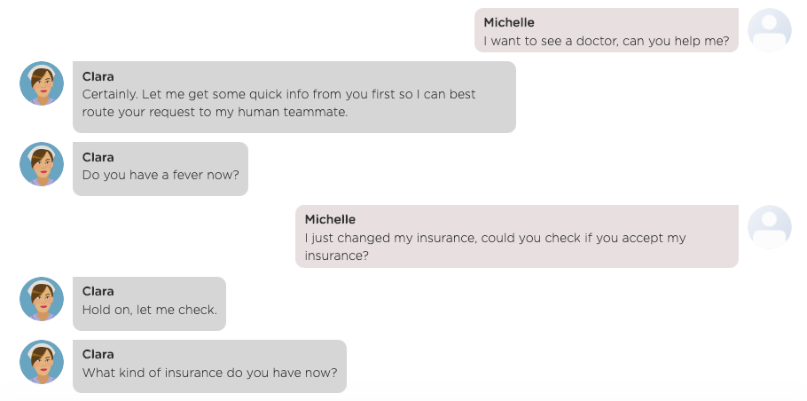 A chat between a chatbot and a user where a user interrupts a flow with a question.