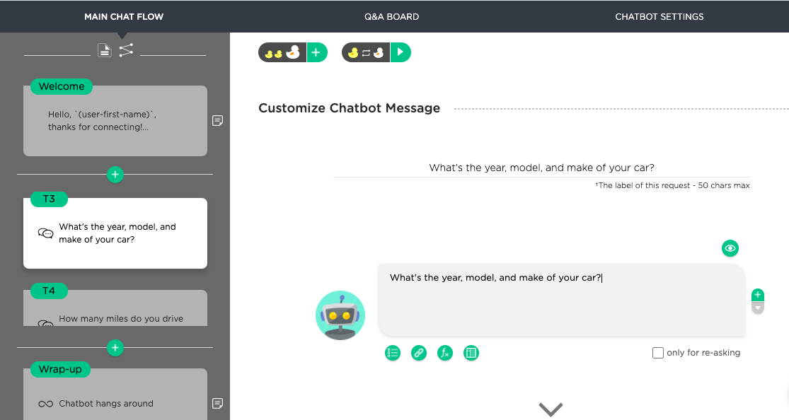A chat flow defined for a chatbot to ask user questions