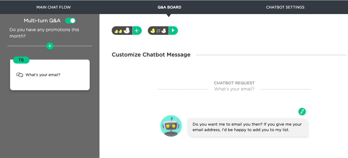 A graphical user interface showing a multi-turn chatbot Q&A