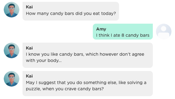 A personal wellness chatbot persuades a user who craves candy bars to reduce the intake