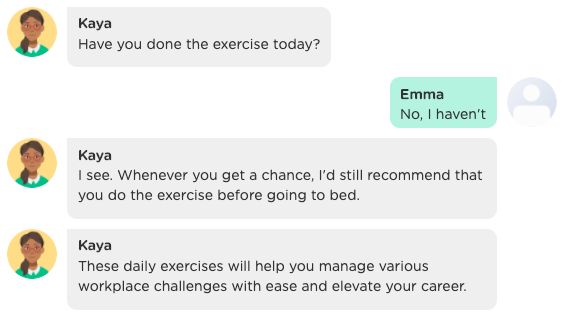 A personal wellness chatbot encourages a user to continue wellness exercise