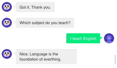 Johnny the chatbot asked a user which subject s/he teaches - chatbot for online education