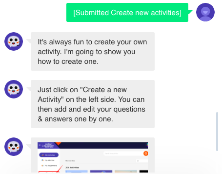 Johnny the chatbot guides a user to create an activity (learning game)