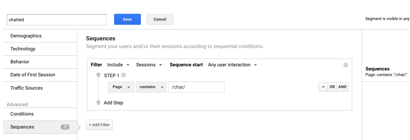 Configure chatted google analytics segment