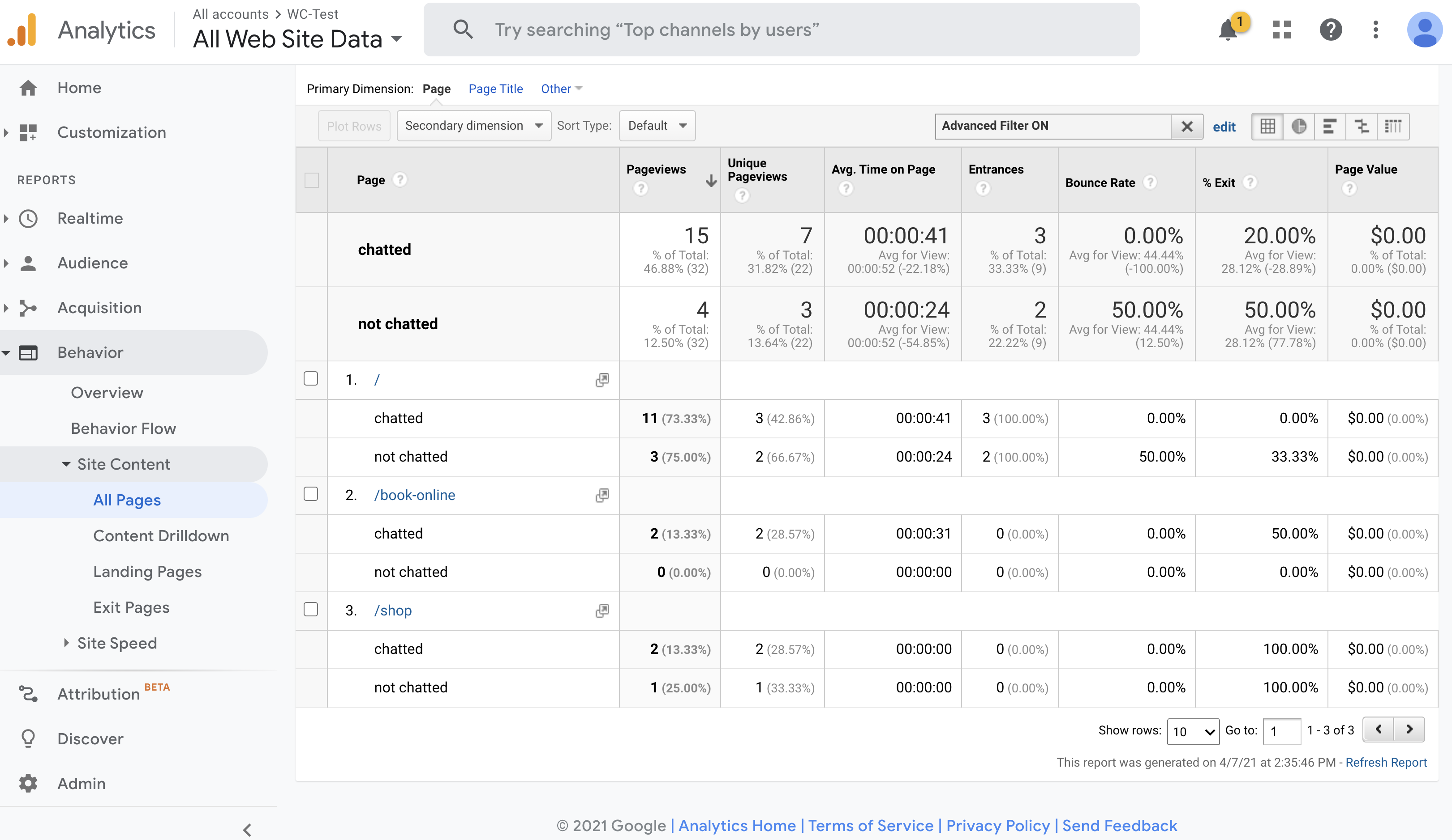 Google Analytics site content all pages with chatted vs not-chatted segments