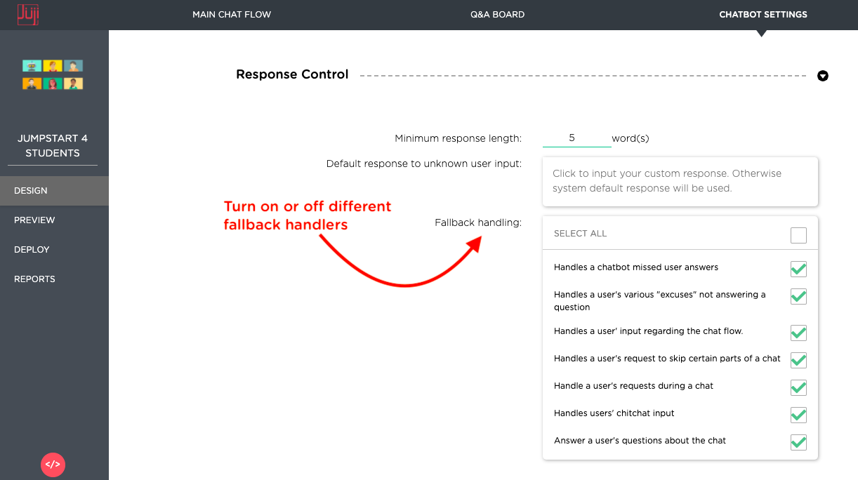 Settings for turning on or off different user digression handling
