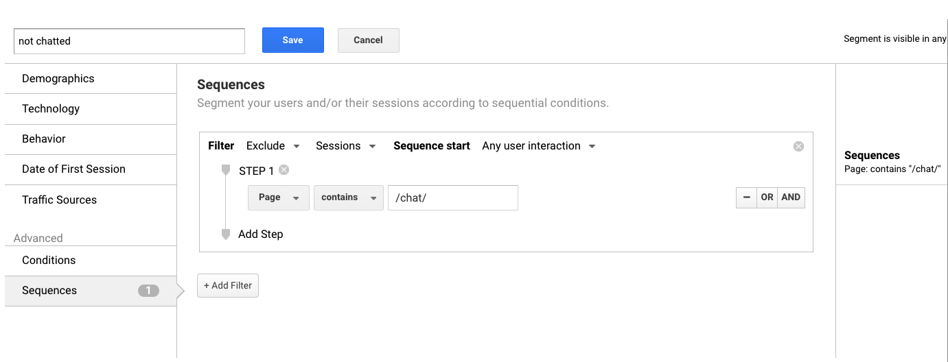 Configure not-chatted google analytics segment