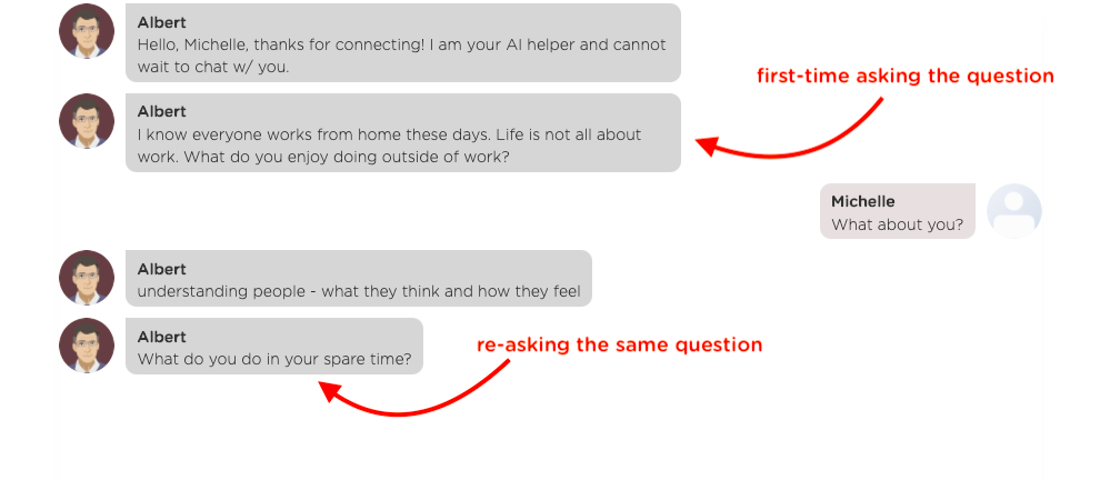 chatbot design tip: a chatbot asks a question using different expressions: first time vs. second time.